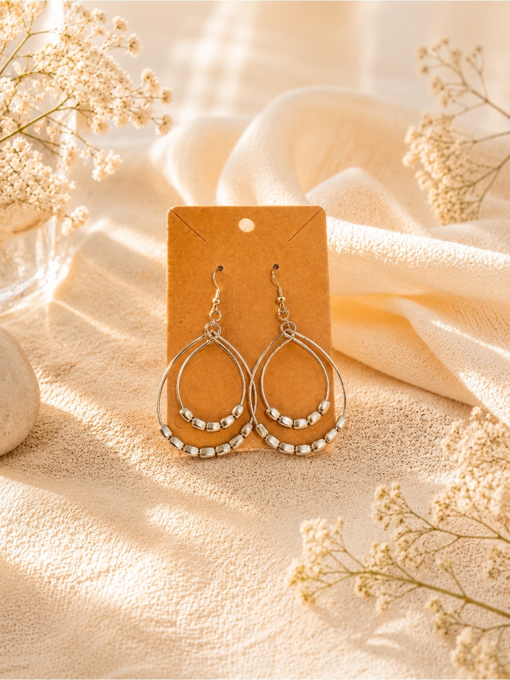 Silver Double Hoop Beaded Dangle Earrings - Classic Women's Fashion  Jewelry NWO